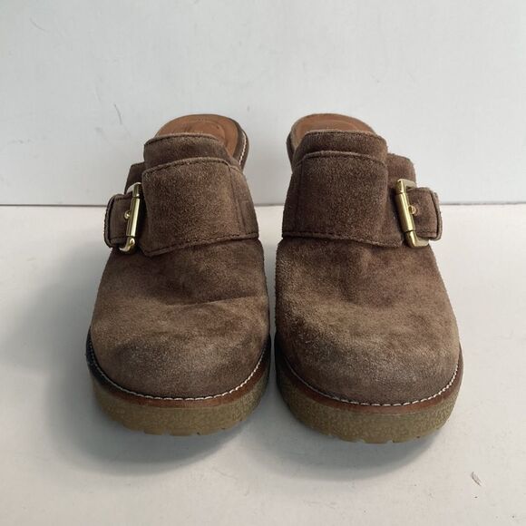 Franco Sarto Brown Suede Gold Buckle Boho Bohemian Heeled Mules Clogs Size 9.5 - Picture 2 of 11